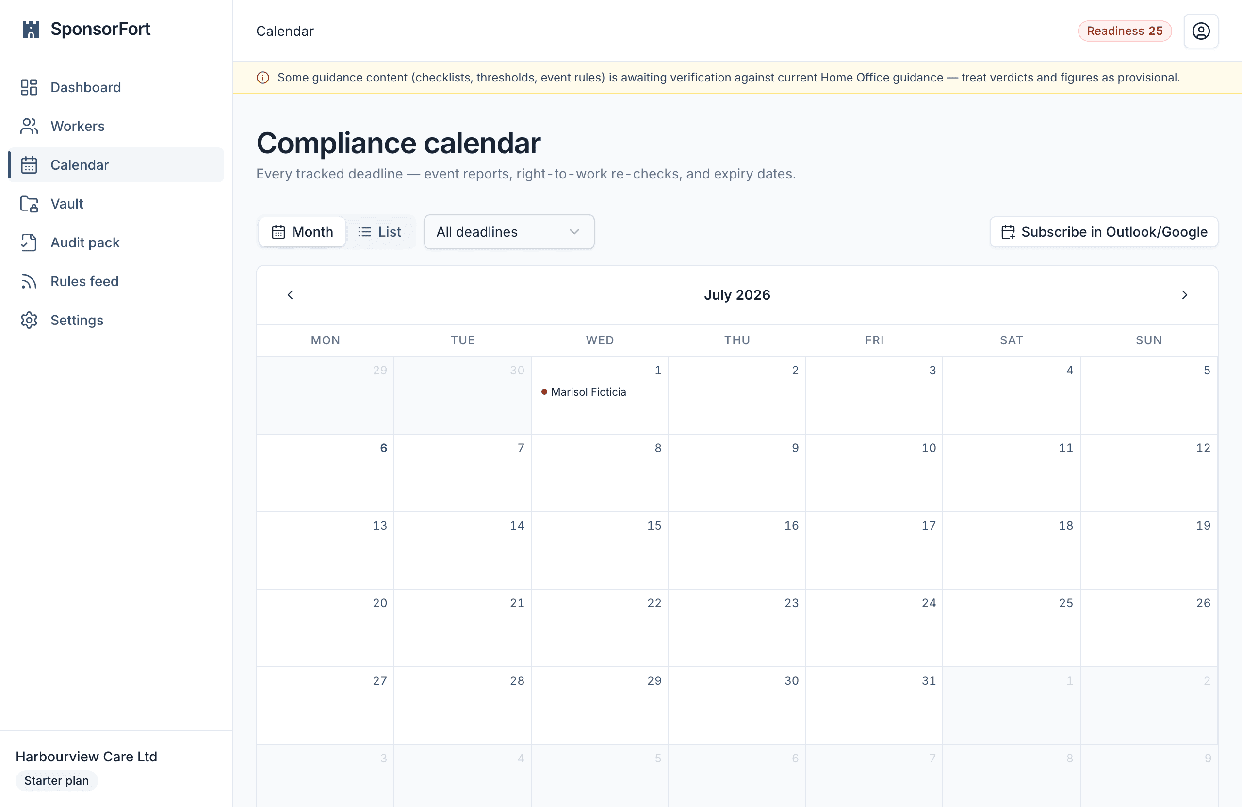 The compliance calendar in month view for July 2026, with a tracked deadline marked and a button to subscribe the feed in Outlook or Google.