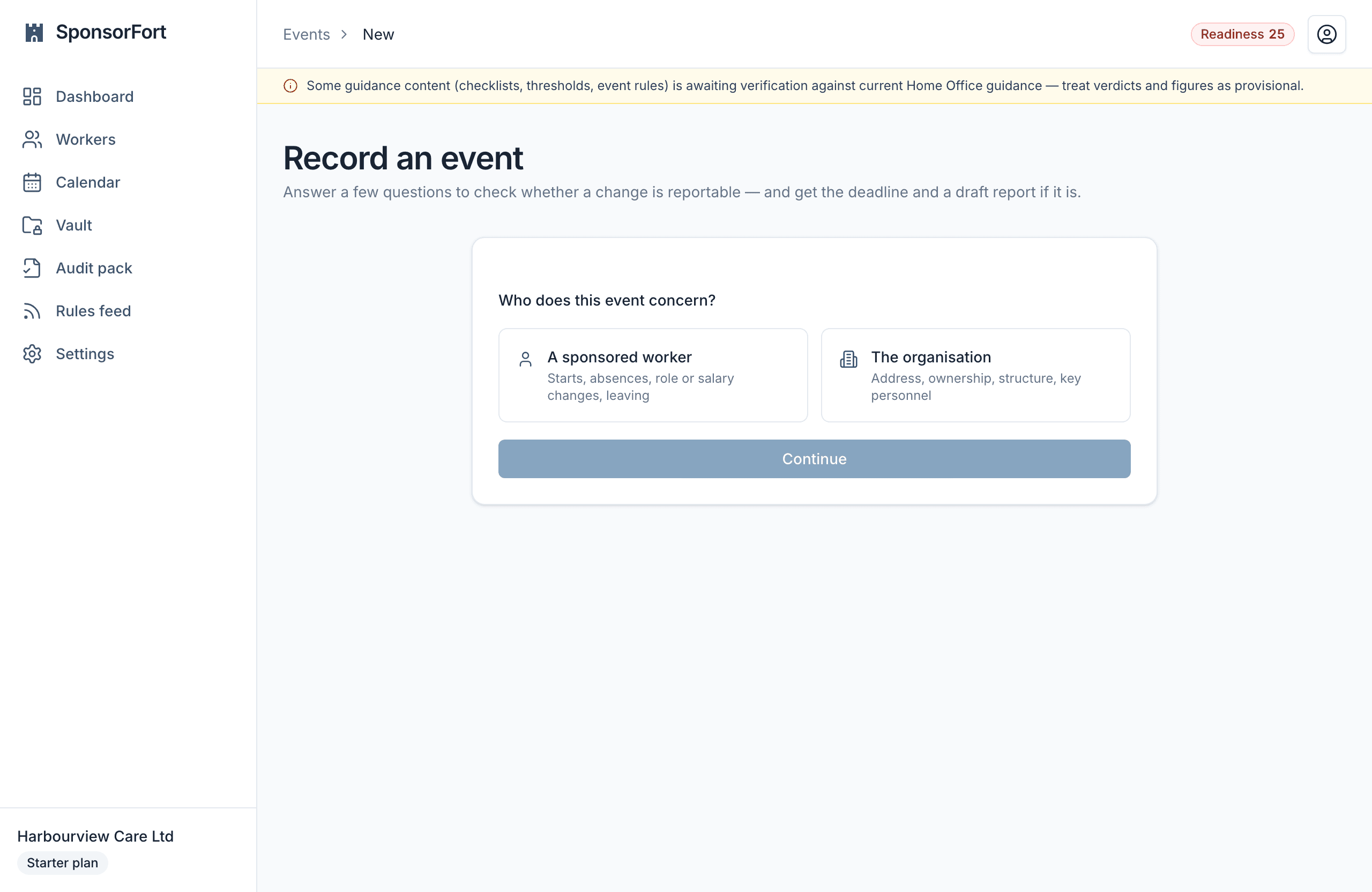 The reportable-event wizard asking whether an event concerns a sponsored worker or the organisation, the first step in classifying a change.
